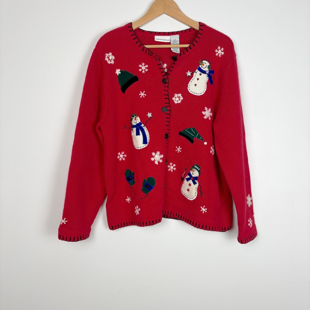 Croft & Barrow Womens Ugly Christmas Sweater‎ Knit Cardigan Sz Large Red Snowman